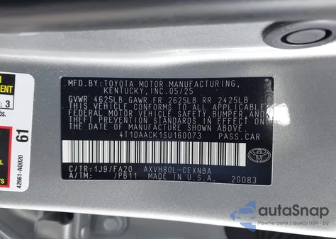 2025 Toyota Camry Le z USA, uszkodzony, nr VIN 4T1DAACK1SU160073